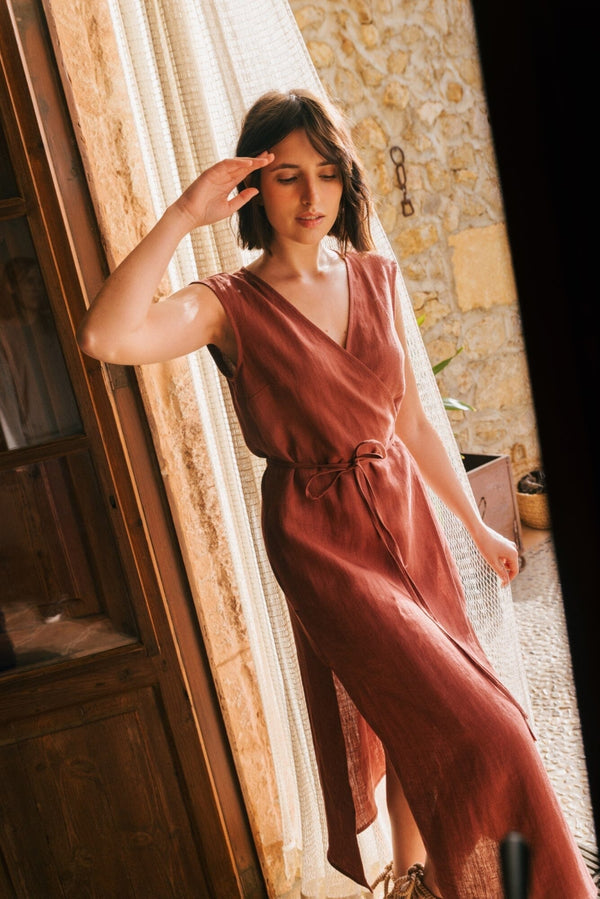 Aurora Mid-Length Linen Dress Dresses AmourLinen Terracotta XS 