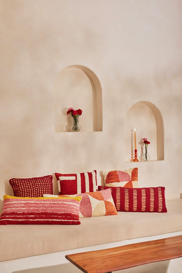 Casa Amarosa Tarika Lines Lumbar Crochet Pillow, Wine Red- 12 x 30 Inch CUSHIONS Casa Amarosa 