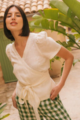 Elisa Wrap Linen Top Shirts AmourLinen White XS 