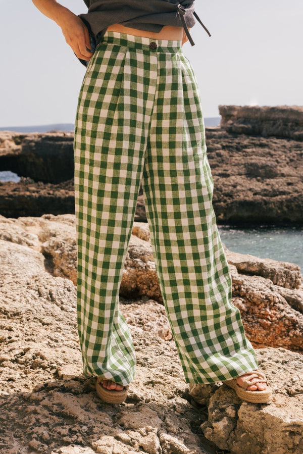 Lydia Classic Linen Pants Pants + Jeans AmourLinen Green Gingham XS 
