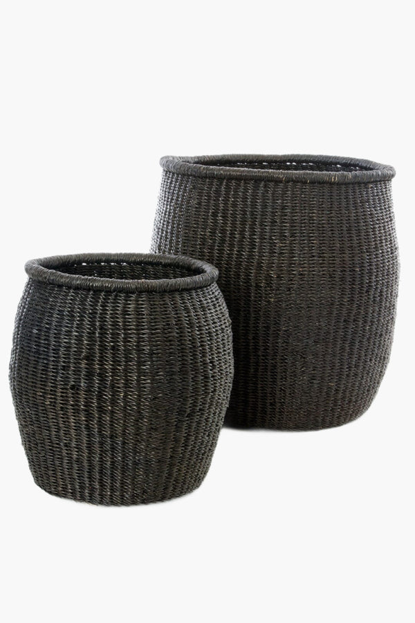 Swahili African Modern Set of Two Black Elephant Grass Barrel Baskets Swahili African Modern 