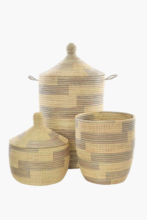 Three-Piece Silver + Cream Basket Set Hampers Swahili African Modern 