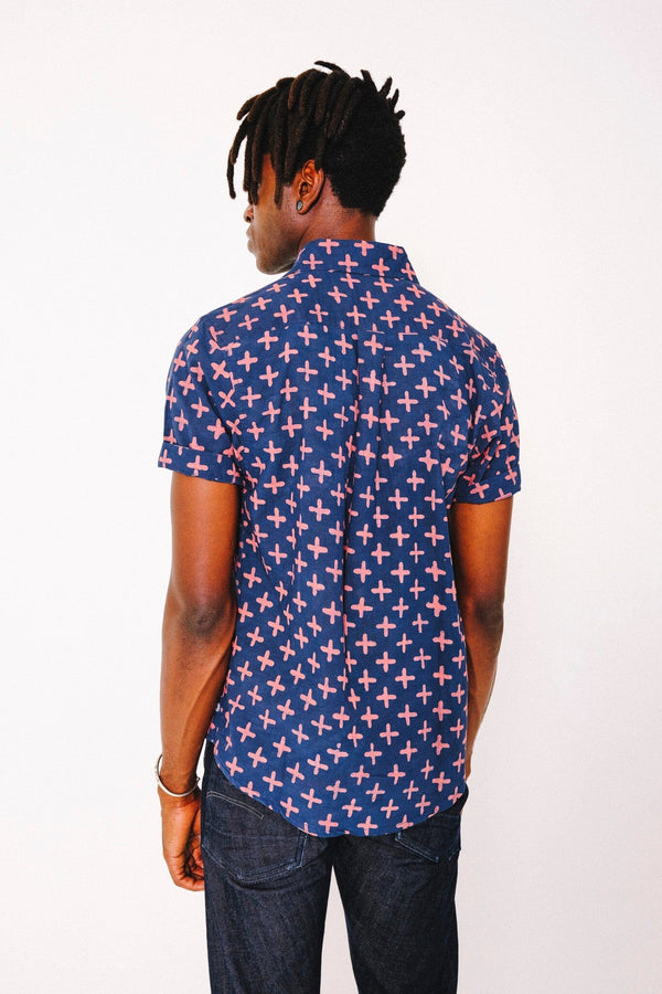 Hand Block Printed 'The Aby' Short Sleeve Shirt in Navy Plus Sign Print Shirts DUSHYANT. 