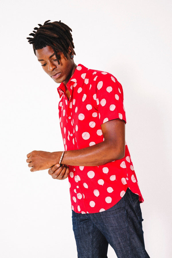 Hand Block Printed 'The Aby' Short Sleeve Shirt in Red and White Batik Dots Print Shirts DUSHYANT. 
