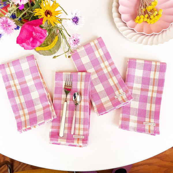 Abigail Plaid Dinner Napkin Set Table Linens Archive New York Bubblegum and Peach 