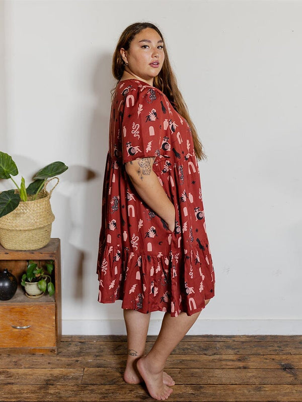 Adelaide Modern Objects Cranberry Tiered Tencel Mini Dress Dresses Mata Traders 