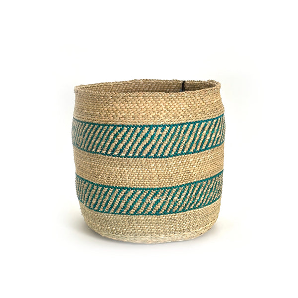African Iringa Woven Basket - Turquoise Stripe Baskets Mbare L 