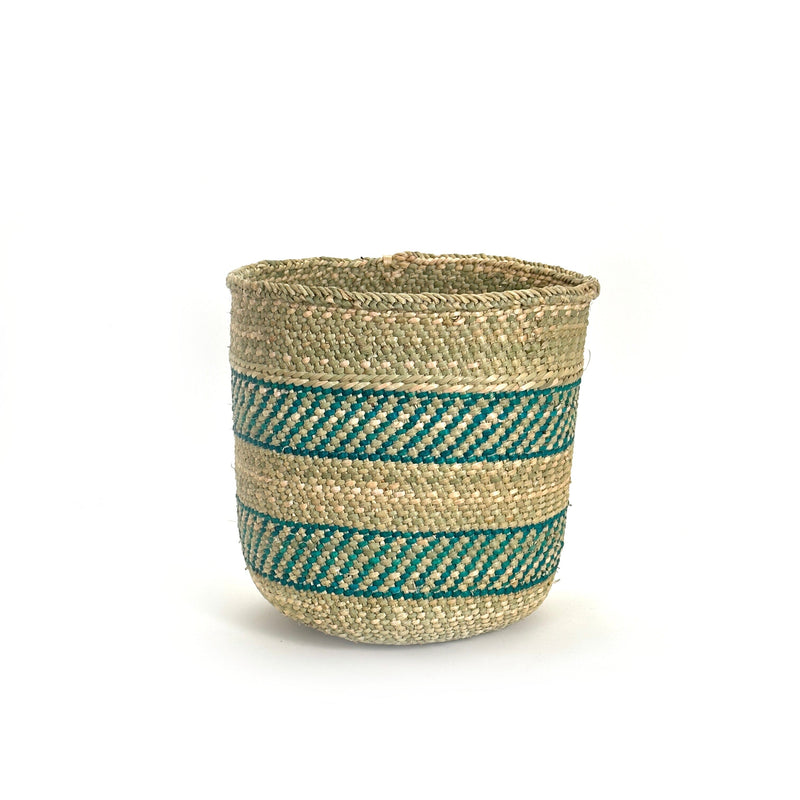 African Iringa Woven Basket - Turquoise Stripe Baskets Mbare M 