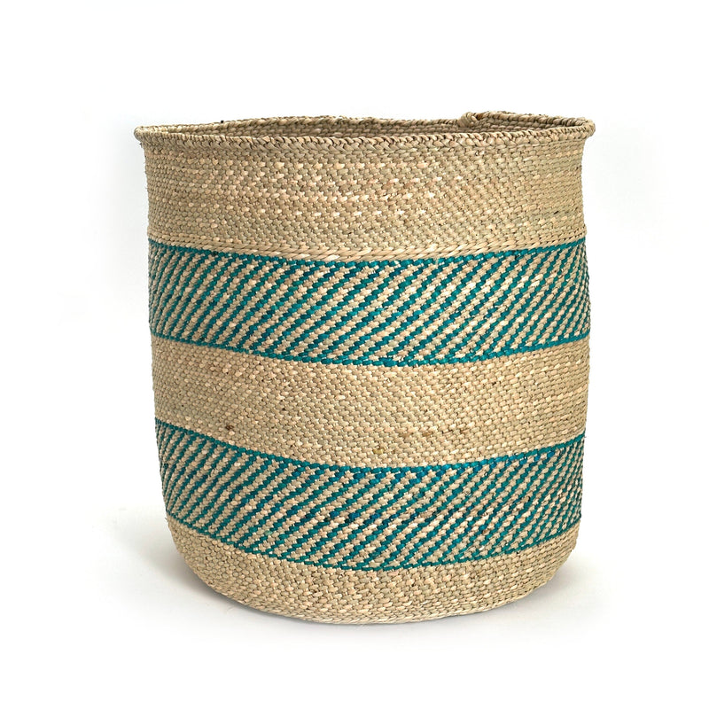 African Iringa Woven Basket - Turquoise Stripe Baskets Mbare OVSZ 
