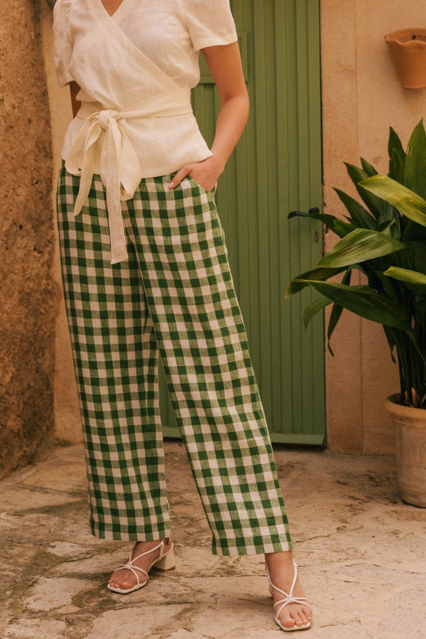 Barbora Straight Linen Pants Pants + Jeans AmourLinen Green Gingham XS 
