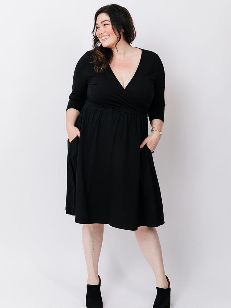 Callie 3/4 Sleeve Wrap Dress - Black Dresses Mata Traders 