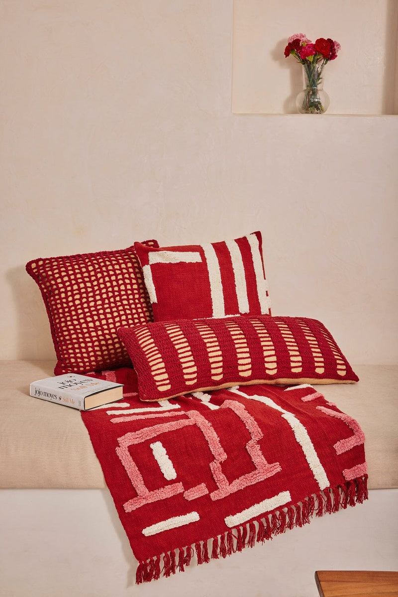 Casa Amarosa Tarika Lines Lumbar Crochet Pillow, Wine Red- 12 x 30 Inch CUSHIONS Casa Amarosa 
