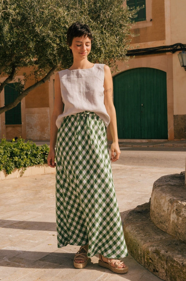 Ciara Linen Slip Skirt Skirts AmourLinen Green Gingham XS 