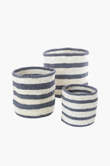 Dove Gray Stripe Sisal Bin Set Baskets Swahili African Modern 