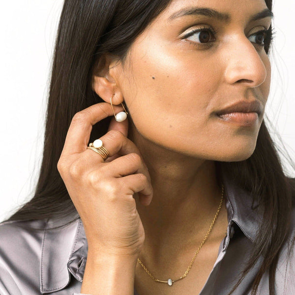 Gold Small Floating Pearl Hoop Earrings Earrings Sara Patino Jewelry 