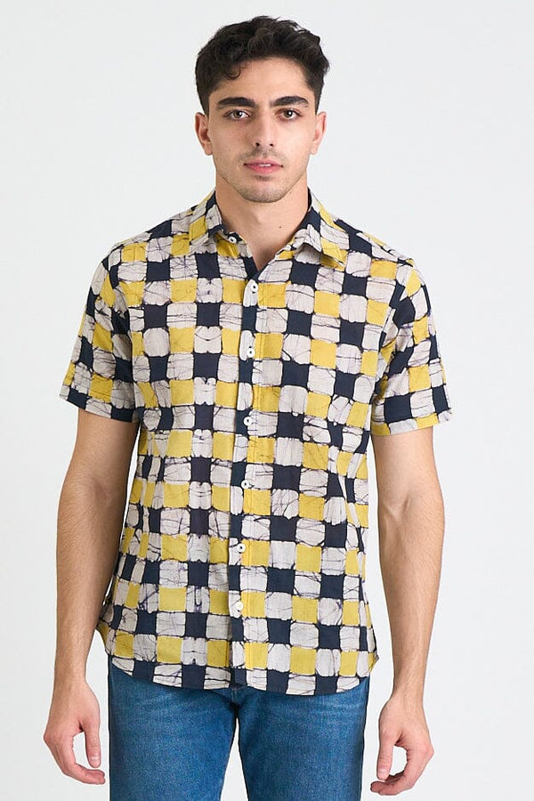 Hand Block Printed 'The Aby' Short Sleeve Shirt in Yellow and Black Chessboard Batik Print Shirts DUSHYANT. 
