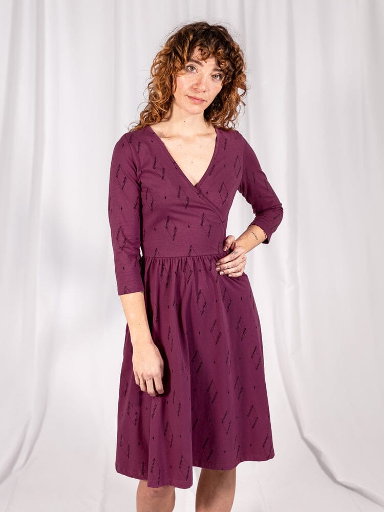 Mata Traders Callie Long Sleeve Wrap Dress Diamond Vine Dark Purple Dresses Mata Traders 