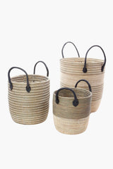 Silver Mixed Stripe Basket Set with Leather Handles Hampers Swahili African Modern 