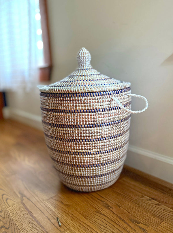 Striped White + Navy Basket Baskets Mbare 