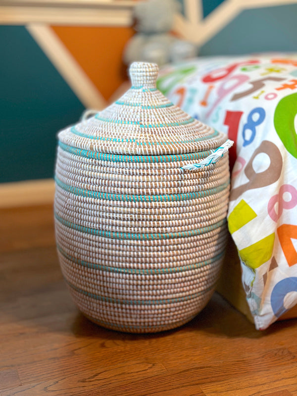 Striped White + Turquoise Basket Baskets Mbare 