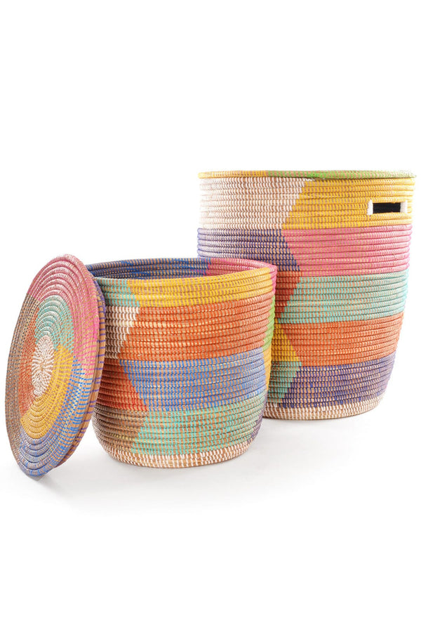 Swahili African Modern Set of Two Rainbow Herringbone Sahara Hamper Baskets Swahili African Modern 
