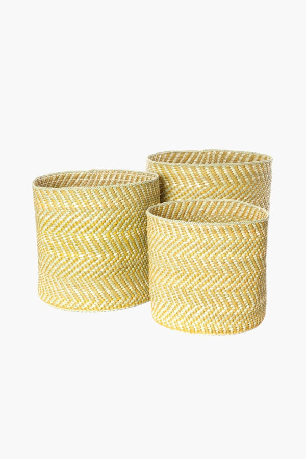 Yellow and Natural Maila Milulu Reed Basket Baskets Swahili African Modern 