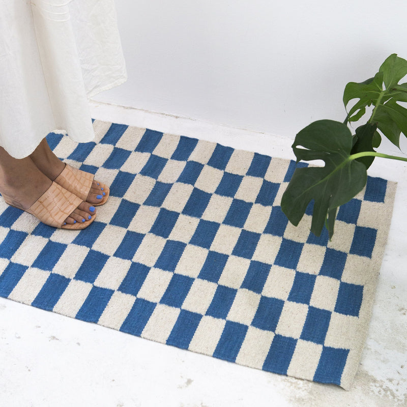 Archive New York Pre-order: Zapotec Checkered Rug in Blue & Ivory Archive New York 