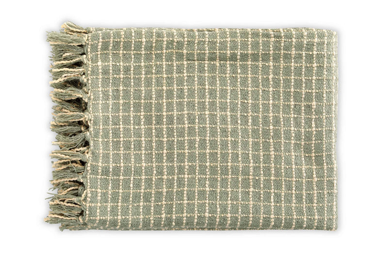 Casa Amarosa Cotton Boucle Small Check Pattern Throw Blanket - Sage Ivory THROWS Casa Amarosa 