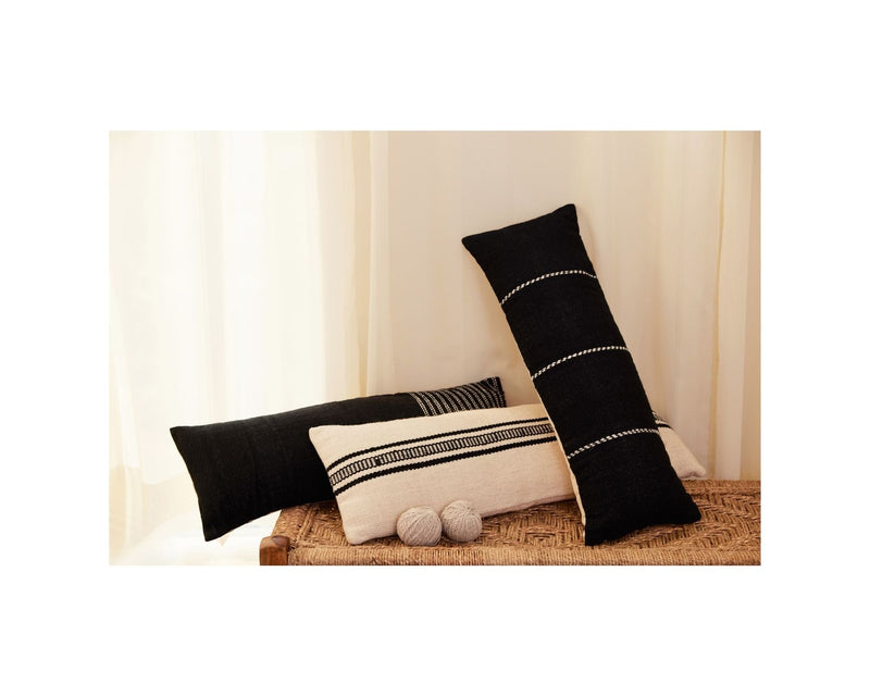 Casa Amarosa GoodWeave Certified Stripe Lumbar Wool Pillow - Black CUSHIONS Casa Amarosa 