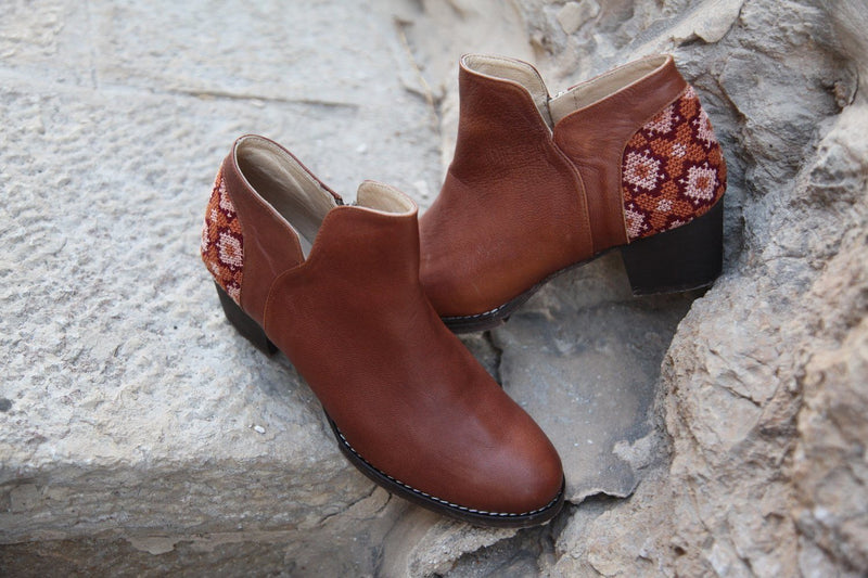 Darzah Tatreez Ankle Boot in Brown shoes Darzah