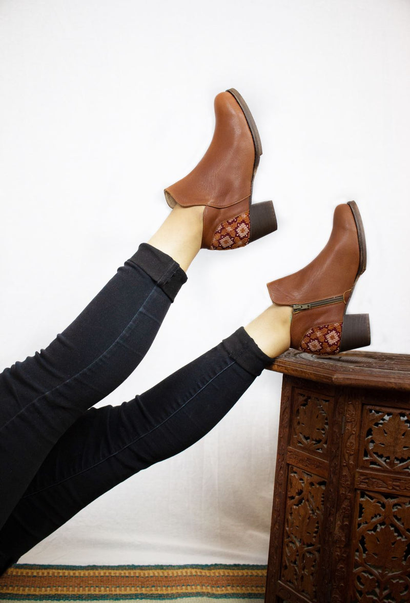 Darzah Tatreez Ankle Boot in Brown Shoes Darzah 