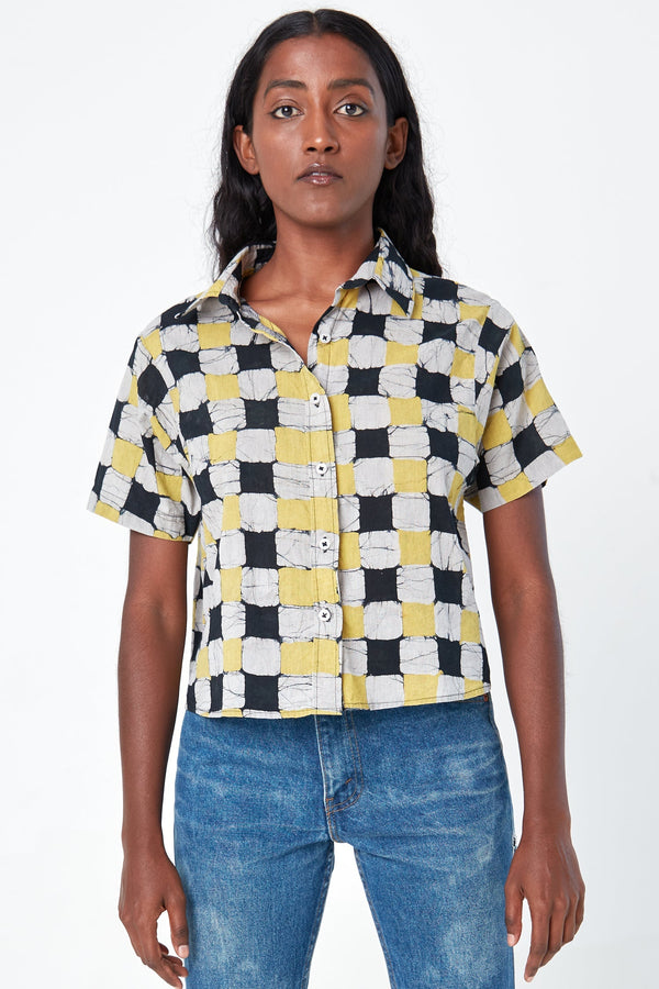 Dushyant Asthana 'The Michelle' Hand Block Printed Short Sleeve Shirt in Yellow and Black Chessboard Batik Print Shirts & Tops Dushyant Asthana 