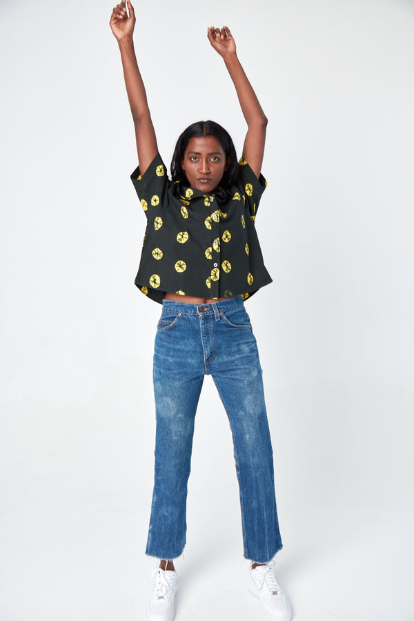 Dushyant Asthana 'The Michelle' Hand Printed Short Sleeve Shirt in Black and Yellow Tie Dye Shirts & Tops Dushyant Asthana 
