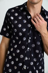 Hand Block Printed 'The Aby' Short Sleeve Shirt in Black and White Batik Dots Print Shirts DUSHYANT. 