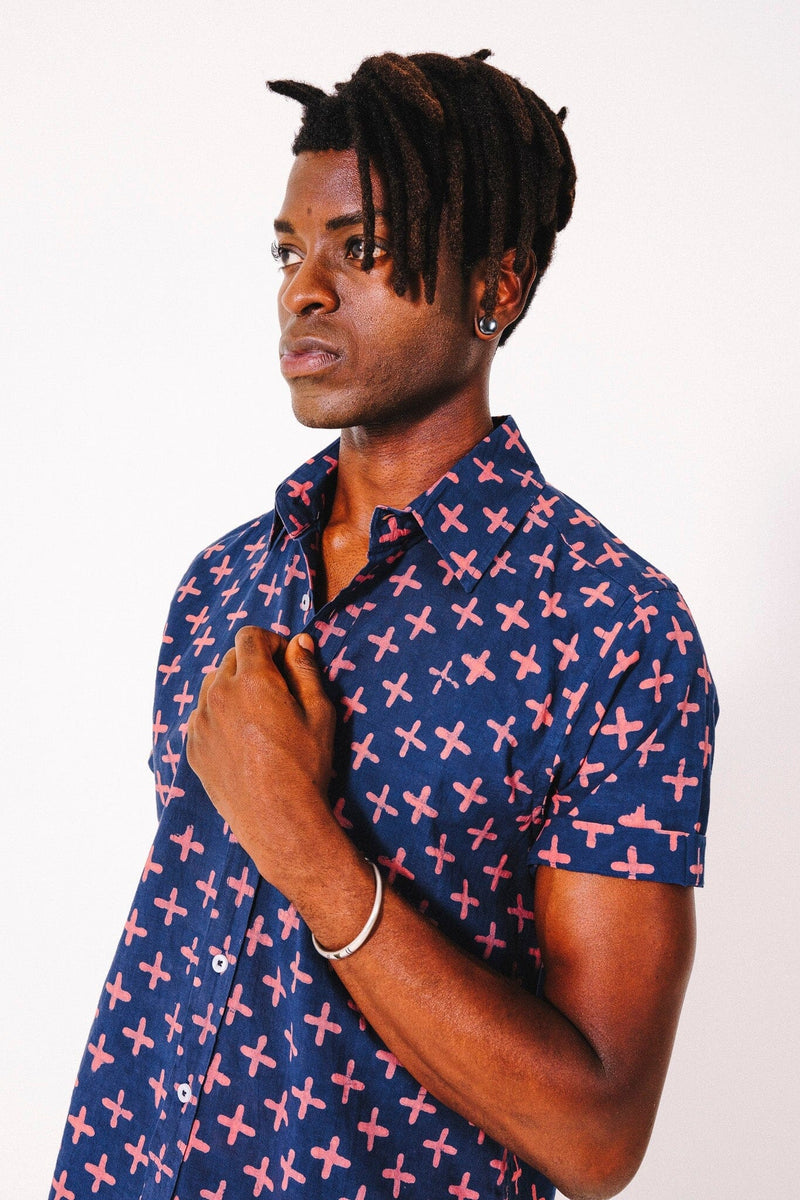 Hand Block Printed 'The Aby' Short Sleeve Shirt in Navy Plus Sign Print Shirts DUSHYANT. 