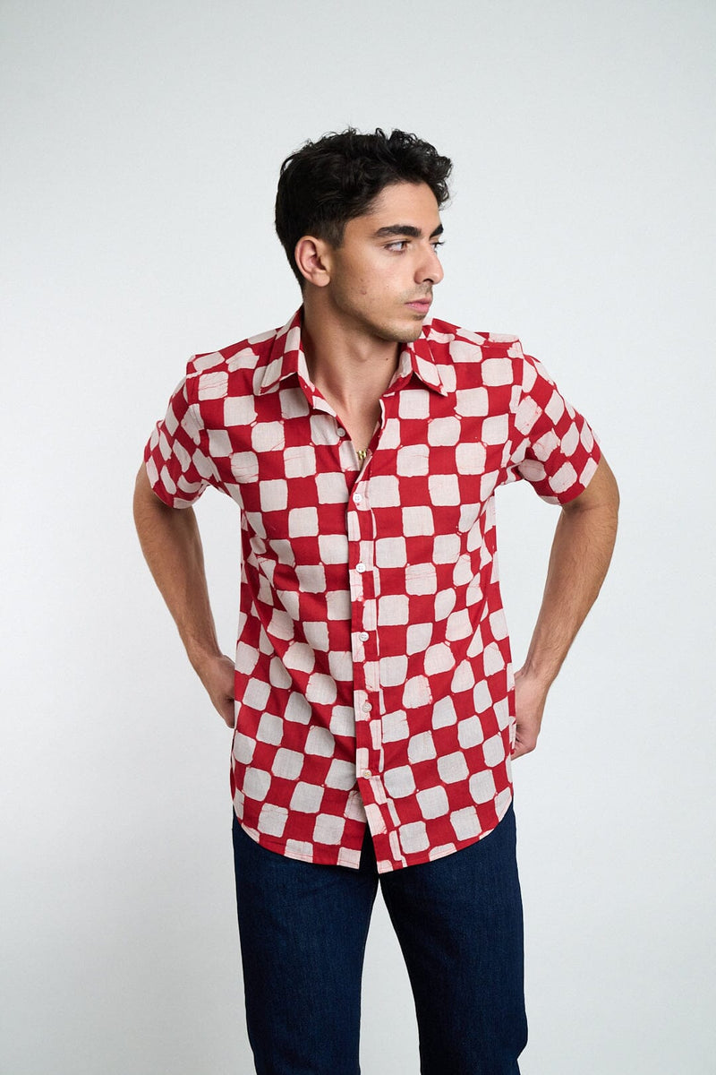 Hand Block Printed 'The Aby' Short Sleeve Shirt in Red and Pink Chessboard Batik Print Shirts DUSHYANT. 