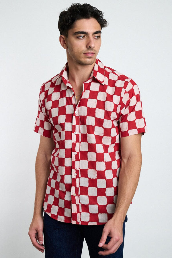 Hand Block Printed 'The Aby' Short Sleeve Shirt in Red and Pink Chessboard Batik Print Shirts DUSHYANT. 