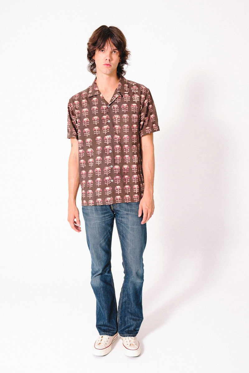 Hand Block Printed 'The Don' Camp Collar Shirt in Brown Tribal Motif Shirts DUSHYANT. 
