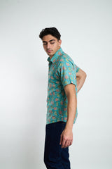 Hand Block Printed 'The Sheril' Short Sleeve Shirt in Teal Floral Print Shirts DUSHYANT. 