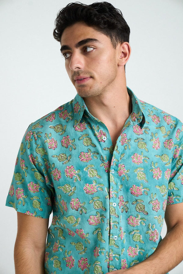 Hand Block Printed 'The Sheril' Short Sleeve Shirt in Teal Floral Print Shirts DUSHYANT. 
