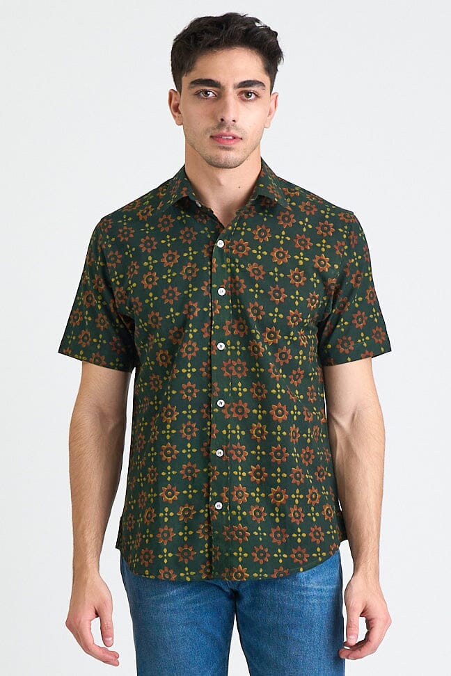 Hand Block Printed 'The Sufi' Short Sleeve Shirt in Green and Red print Shirts DUSHYANT. 