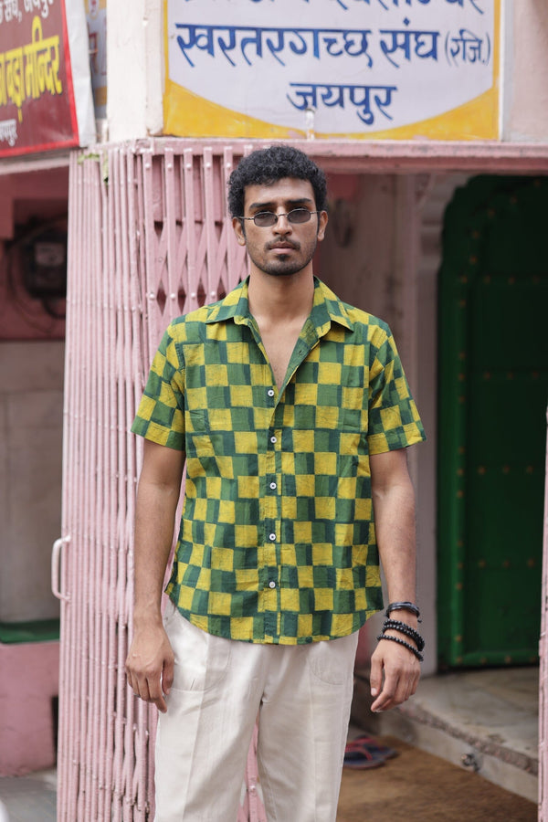 Hand Block Printed 'The Sufi' Short Sleeve Shirt in Green and Turmeric Checks Shirts DUSHYANT. 