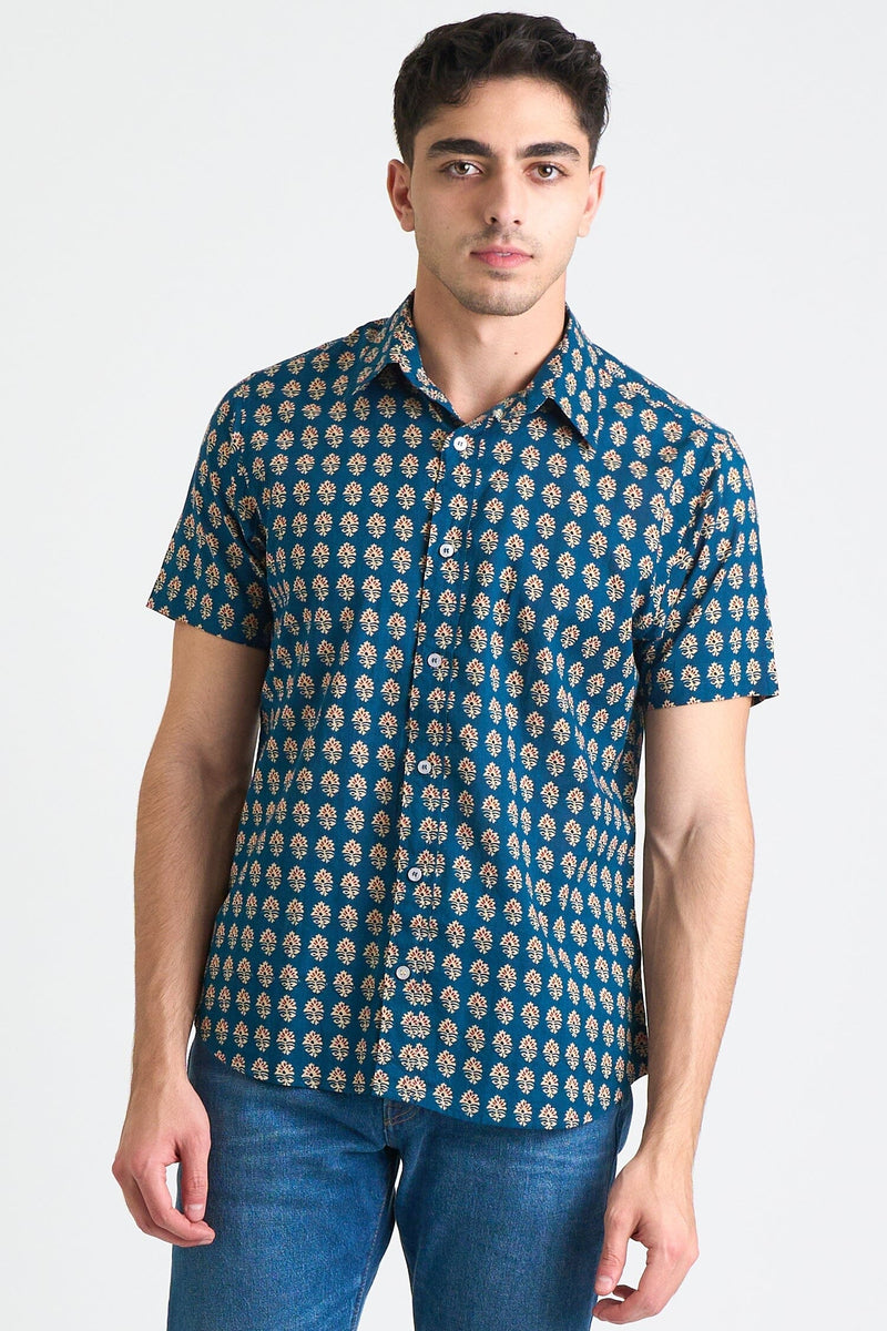 Hand Printed 'The Sheril' Short Sleeve Shirt in Blue and Red Motif Shirts DUSHYANT. 