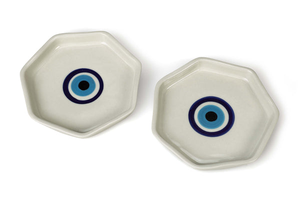 Hexagon Evil Eye Ceramic Plate Set Decorative Plates + Discs Casa Amarosa 
