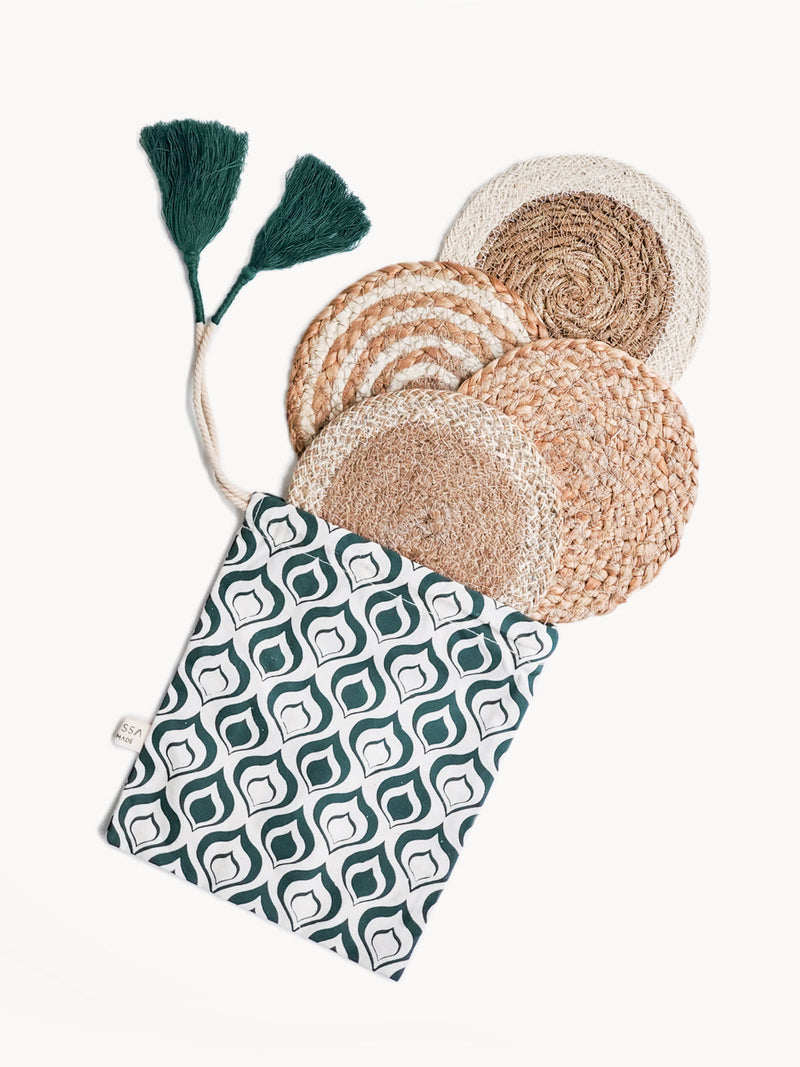 Jute and Seagrass Trivet Gift Set Trivets Korissa Green Pouch 