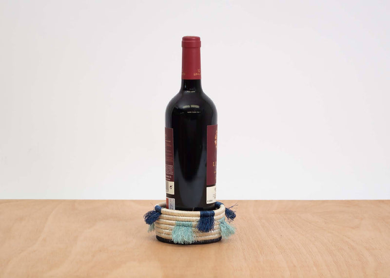 KAZI Silver Blue Fringed Wine Bottle Coaster Wine Accessories KAZI 