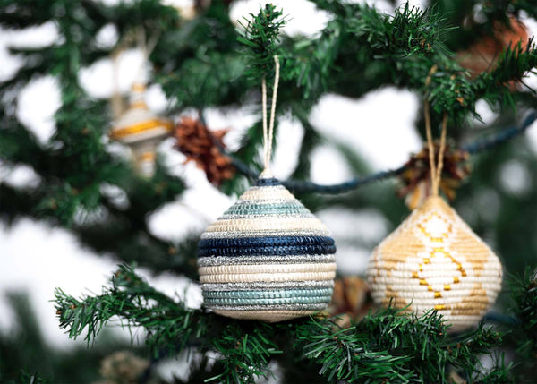 KAZI Striped Soft Blue + Silver Bulb Ornament Ornaments KAZI 