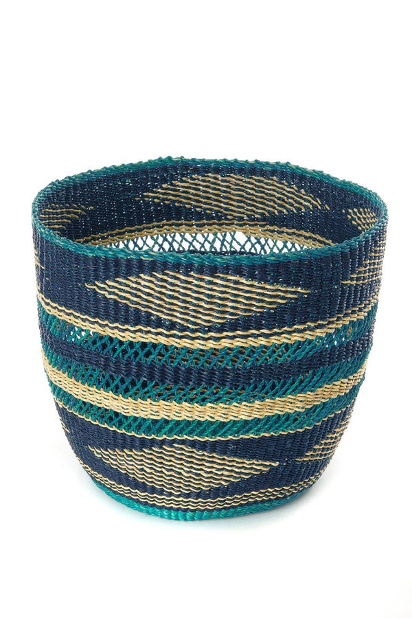Lace Weave Teal and Dark Blue Woven Bin Baskets Swahili African Modern 