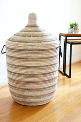 Large Black, Silver & White Striped Laundry Hamper Baskets Swahili African Modern 