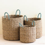 LIKHÂ Seagrass Woven Baskets with Sky Blue Handle Set of 3 - Straw Baskets | LIKHÂ Baskets LIKHÂ 